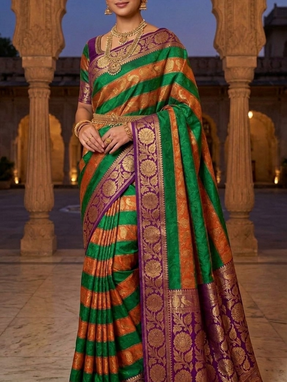 Pure Silk Dharmavaram Pattu Saree Multicolor Horizonal Stripes Mint Condition